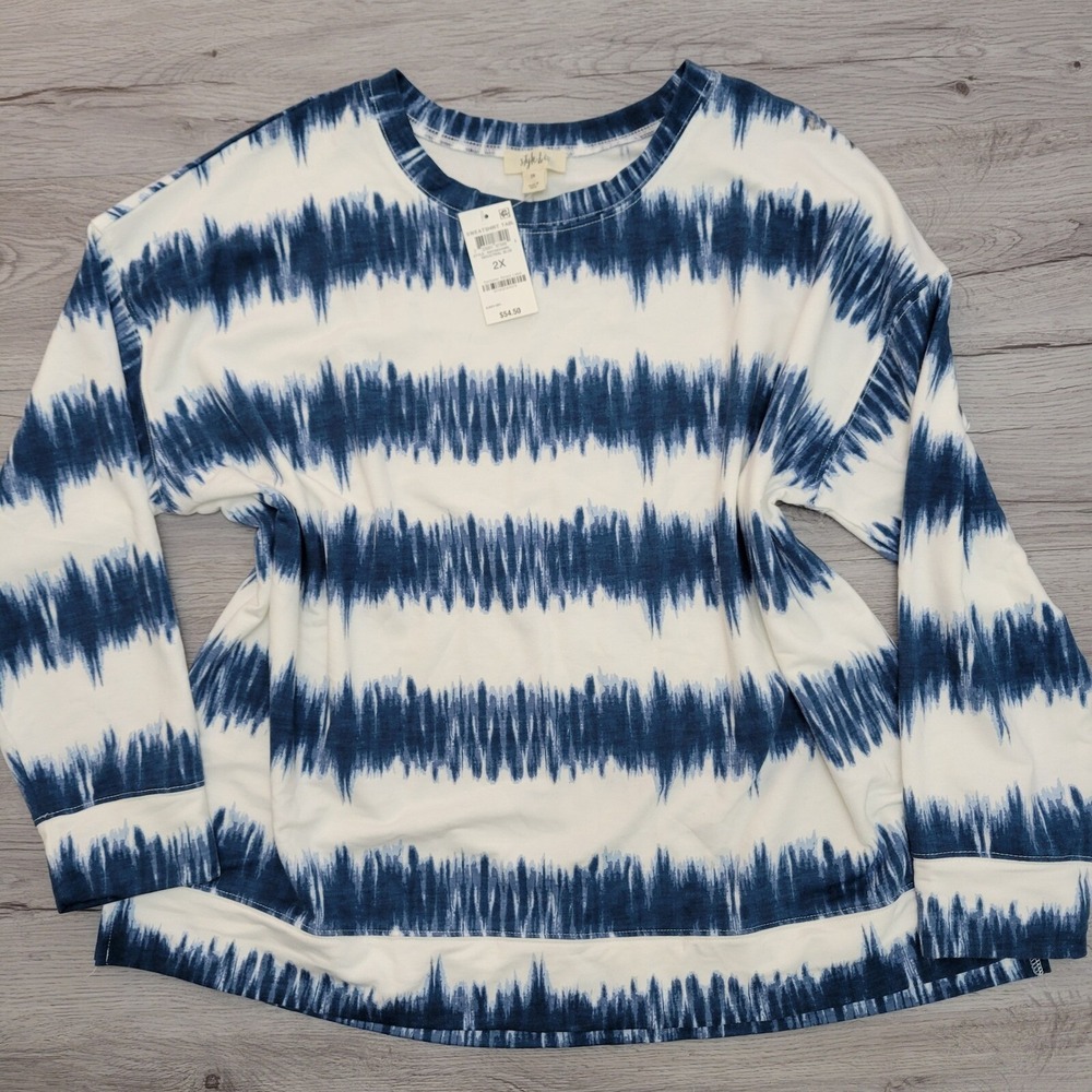 3 / $30 Style & Co Tie Dye Pullover Top New Long Sleeve Casual Blue White‎ 2X
